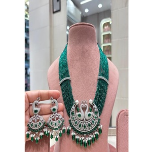 Gorgeous Premium Quality Brass <b>Silver</b> Plated Trendy Moissanite Long <b>Necklace</b> <b>Set</b> Earrings Wedding Party Wear Collection Women - Product Image 2