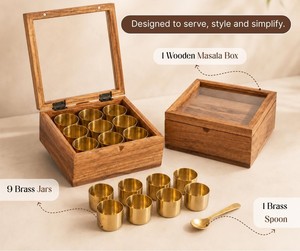 Boîte à masala en bois et laiton avec 9 récipients en laiton |   Bols à épices en laiton de 150 ml |   Boîte à épices en bois artisanale | - Product Image 5