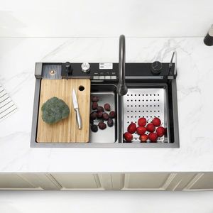 Lavello da cucina a vasca singola con rubinetto estraibile in acciaio inossidabile 304, lavello a cascata per la preparazione di verdure in casa e laboratorio - Product Image 4