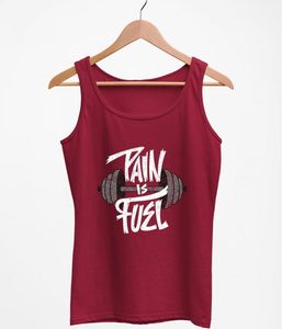 Débardeur rouge pour femme, imprimé « Pain Is Fuel » et haltères, col rond, sans manches, gilet de sport respirant en coton tricoté avec logo frontal - Product Image 3