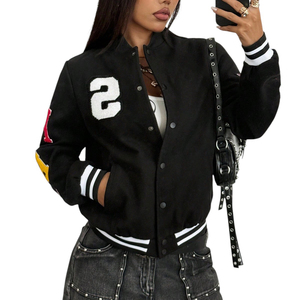Veste universitaire noire pour femme, style Letterman, manches longues, avec patchs brodés sur la manche droite, coupe classique, pour l'automne, vêtements décontractés - Product Image 1