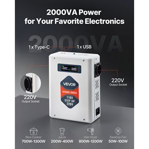 Convertidor de Voltaje de Alta Resistencia 2000VA, Transformador de 110V a 220V con 2 Tomas EU y USB, Inversor - Product Image 2