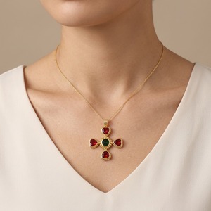 Collier Croix Crucifix Plaqué Or 18 carats avec Pendentif Croix Designer en Quartz Grenat et Quartz Émeraude, Chaîne Câble, Meilleure Vente - Product Image 2