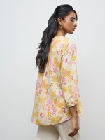 Kurti Pendek Wanita Grosir Motif Bunga Kuning Pink, Kerah V Kancing Depan, Lengan Tiga Perempat, Gaya Etnik India Kasual