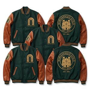 Wholesale Letterman Jacket <b>Maroon</b> Wool Varsity <b>Coat</b> Heavy Ashlar Stonemasonry Embroidery Beige Leather Sleeves Bomber Outerwear - Product Image 3