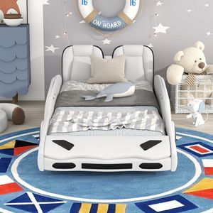 Letto a piattaforma a forma di auto da corsa bianco, singolo, con ruote, per camerette dei bambini - Product Image 2
