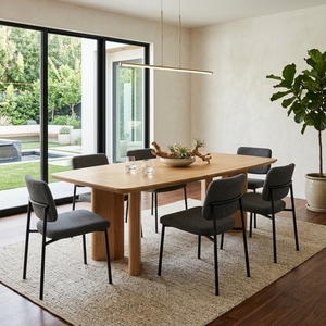 Table à manger scandinave en bois massif, plateau en panneau, pieds sur piédestal, finition chêne clair, style moderne Japandi, rectangulaire, grande table de cuisine - Product Image 5