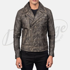 Men Distressed Brown <b>Leather</b> Biker <b>Jacket</b> Premium Genuine Sheepskin Quilted Shoulder Slim Fit Motorcycle Fashion Coat - Product Image 6