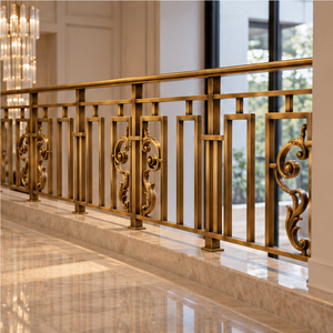 Rampe en bronze à motifs géométriques avec barres rectangulaires et accents courbés, main courante en métal et balustrade décorative - Product Image 4