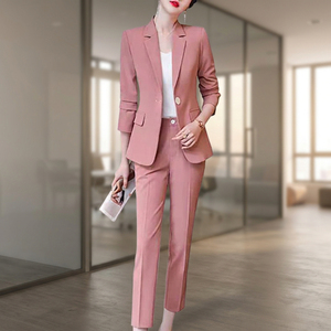 Ensemble tailleur rose pour femme, manches trois-quarts, col cranté, tenue de bureau formelle, couleur unie, mélange polyester-coton, infroissable - Product Image 6