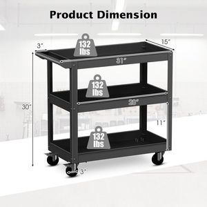 3-Tier Metal Utility Cart with Flat Handle and 2 Lockable Universal Wheels <b>Tool</b> <b>Trolley</b> - Product Image 5