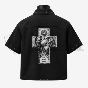 เสื้อเชิ้ตแขนสั้นสีดำสำหรับผู้ชาย ซิปหน้า คอปก ผ้าทวิล สไตล์สตรีท ยับยาก ใส่ได้ในฤดูร้อน - Product Image 2