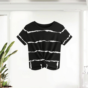 Camiseta Corta a Rayas Blancas y Negras para Mujer, Cuello Redondo, Manga Corta, Corte Holgado, Tejida, Informal, Primavera Verano, 100% Algodón - Product Image 6