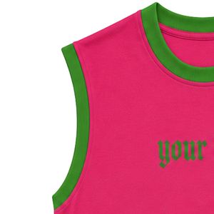 Camiseta sin mangas rosa intenso con ribete verde y logotipo personalizado, chaleco informal de algodón para mujer, cuello redondo, tops de moda de verano, OEM - Product Image 5