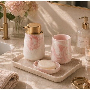 Juego de baño de cerámica de lujo de 4 piezas, dispensador de jabón redondo de mármol rosa, bandeja para cepillos de dientes, fácil de limpiar - Product Image 4