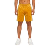 Shorts en velours doux bordeaux personnalisés, en polaire de luxe, longueur genou, avec cordon de serrage à la taille et bandes latérales contrastantes en velours.