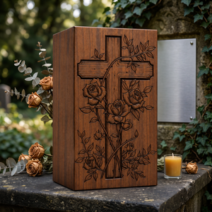 Wooden Rose Cross Urn Carved <b>Memorial</b> Keepsake <b>Box</b> for Funeral Tribute Display - Product Image 4