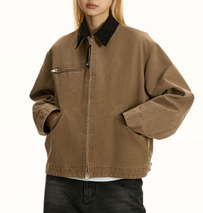 Blousons en toile zippés courts pour femme, collection automne, doux, décontractés, style workwear, design unique, respirants, imperméables, matelassés, teint unis - Product Image 1