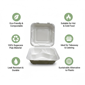 กล่องกระดาษอ้อยรักษ์โลก ขนาด 8x8 นิ้ว แบบ 3 ช่อง |   ภาชนะบรรจุอาหารแบบใช้แล้วทิ้งจากเยื่ออ้อยสำหรับงานจัดเลี้ยง - Product Image 5