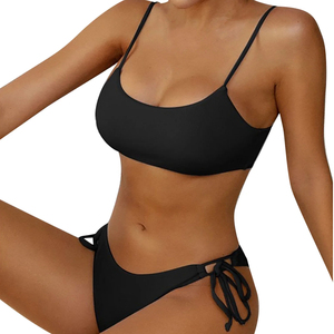 Women's <b>Black</b> <b>Bandeau</b> Two <b>Bikini</b> Set Square Neck <b>Top</b> High Waist Bottoms Front Swimwear Solid Color Breathable Stretch Fabric - Product Image 4