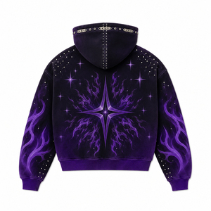Sweat-shirt à capuche zippé noir délavé vintage pour homme, avec motif gothique en strass, style streetwear, en molleton de coton surdimensionné - Product Image 5