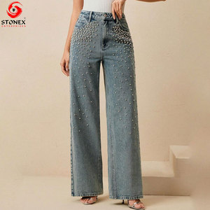 Jean ample de luxe pour femme avec strass, en denim premium, taille mi-haute, pantalon décontracté et tendance, fournisseur en gros OEM ODM - Product Image 3
