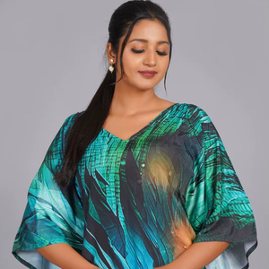 Woven Abstract Print V-neck Backless Natural Waistline <b>Kaftan</b> <b>Maxi</b> Dress Loose Fit Batwing Sleeves Lightweight Beachwear - Product Image 1