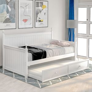 Letto singolo in legno bianco con letto estraibile per bambini - Product Image 1