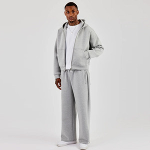 New Arrival Custom Grey Boxy Hoodie & Wide Leg <b>Trouser</b> Embroidery High Quality Cotton Heavyweight Winter Sweatsuit Men Tracksuit - Product Image 4