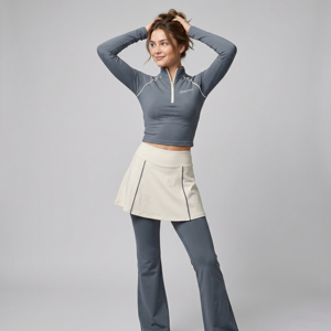 Women’s <b>Modest</b> Fitness Outfit <b>Set</b> Athletic Yoga Wear with Custom Made Sustainable Flared Pants and Skirt Overlay Design - Product Image 1