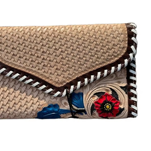 Fashionable Vintage Cowgirl Genuine Leather <b>Wallet</b> Logo <b>Red</b> Blue Animal Print Design Zipper Closure RFID Technology All Seasons - Product Image 1