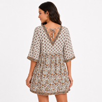 Robe mini kaftan en coton tissé imprimé à la main pour femme, motif floral, col en V, manches mi-longues, coupe ample, style bohème, tenue de villégiature, ODM Soul