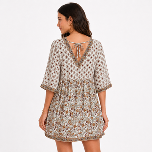 Hand Block Printed Woven Cotton <b>Kaftan</b> Dress Women Autumn Floral V Neck Loose Fit Boho Resort Wear Wholesale Export - Product Image 2