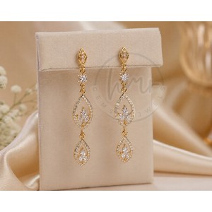 Luxury <b>Gold</b> Plated American Diamond <b>Dangle</b> <b>Earrings</b> for Women Teardrop CZ Danglers Bridal & Party Jewelry - Product Image 2