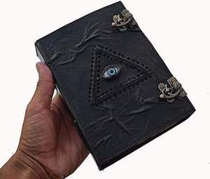 Journal Grimoire Hocus Pocus en Cuir Noir Vintage Format A5/A6, Livre de Sortilèges, Œil Maléfique, Triangle, Pierre Semi-Précieuse, Journal de Sorcière, Cadeau - Product Image 1