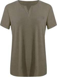 Camiseta de manga corta con cuello en V para mujer, tono macaron, corte ajustado, informal, con bolsillo, estilo urbano, para verano - Product Image 2