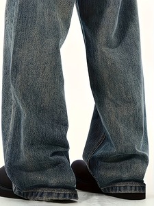 Jeans Holgados de Verano para Hombre, Estilo Retro, Color Sólido, Corte Relajado |   Vaqueros Anchos de Mezclilla Azul Vintage |   Pantalones Casuales de Pierna Recta Lavables - Product Image 2