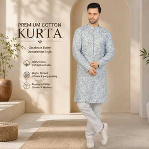Men's 100% <b>Silk</b> Digital Printed Long <b>Kurta</b> | Full Sleeve Mandarin Collar Ethnic Traditional Diwali Wedding Festival Party Wear - Product Image 2