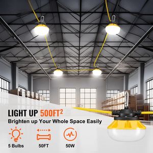 Luce da Lavoro per Cantieri 50FT, 50W 5000LM, IP65 Impermeabile, 5 Pezzi con Ganci per Sospensione - Product Image 2