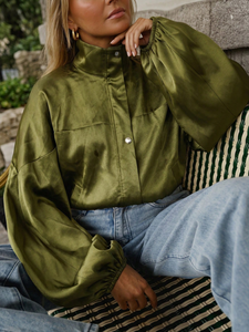 Silk Satin <b>Jacket</b> Olive Green Snap Button Cropped Stand Collar Balloon Sleeve Shimmer Wholesale - Product Image 4