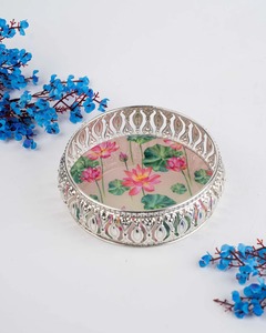 Luxury Round Floral Metal Decorative Tray <b>Silver</b> Iron Vanity Tray Handmade Lotus Serving Tray <b>Coffee</b> <b>Table</b> Organizer Wedding Use - Product Image 3