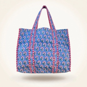 Bolso Tote Impermeable de Algodón Acolchado con Estampado de Bloques Personalizado, Estilo Vintage, Azul Leopardo, para Dama, Playa, Venta al por Mayor, Grande, Hecho a Mano - Product Image 1