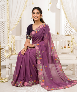 AARA Fashion <b>Purple</b> Silk <b>Saree</b> Floral Design Women Traditional Wedding Wear India Pakistan Style Floor Length Regular Sun - Product Image 5
