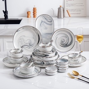 Juego de Vajilla de Porcelana Estilo Mármol Blanco, Libre de BPA, Borde Plateado, Acabado Clásico y Elegante de Alta Gama, para Bodas y Fiestas - Product Image 1