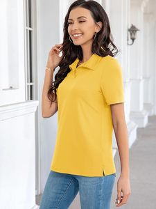 Polo de manga corta de color liso para mujer, top informal de punto transpirable, amarillo - Product Image 2