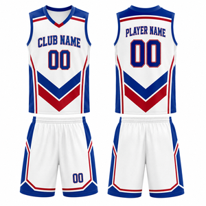 Uniforme de Baloncesto Personalizado Blanco Azul Rojo Sublimado Impreso Transpirable Poliéster Adulto Unisex - Product Image 1