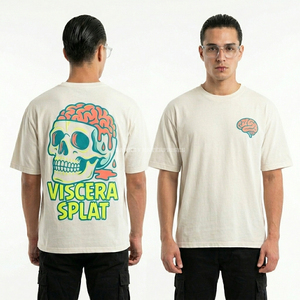 Camiseta al por mayor Mind Trip 250GSM con lavado ácido oliva y gráfico psicodélico de hongos y calaveras para hombre, fabricante de ropa urbana. - Product Image 4