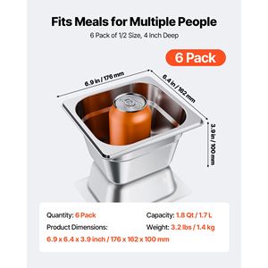 Set di 6 Vaschette in Acciaio Inox Formato 1/6, Profondità 4 Pollici, Antiaderenti, per Ristoranti, Riutilizzabili, Antiruggine, per Hotel e Ristoranti - Product Image 2