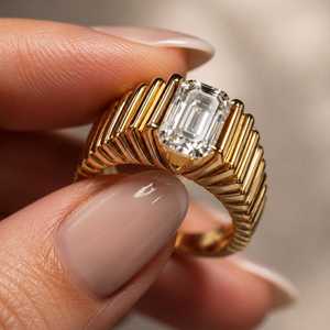 Anillo de banda único con diamante de corte esmeralda de 1.01 quilates, banda escalonada, oro macizo de 14K, regalo fino para aniversario de bodas o fiesta para tu pareja - Product Image 1