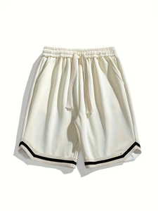 Pantalones Cortos Deportivos Unisex de Punto Crema con Cordón Ajustable y Raya Lateral Negra, Estilo Casual y Transpirable, Producción Harry Johnson - Product Image 3
